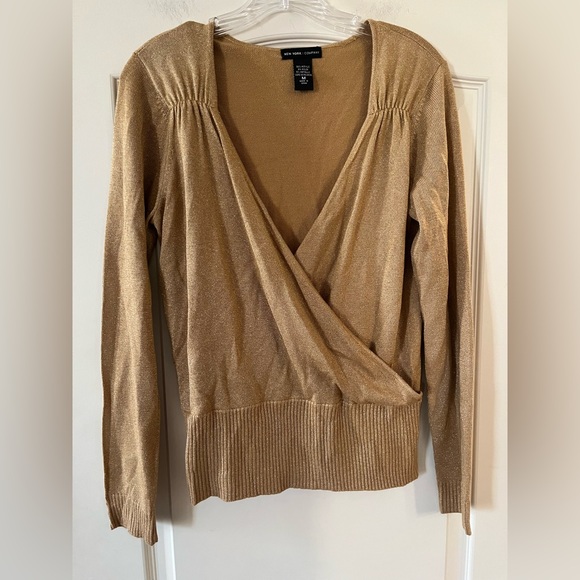 New York & Company Tops - New York & Company Gold Metallic Wrap Blouse Sweater Women’s size medium
